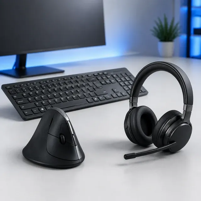 A vertical ergonomic mouse, keyboard, and wireless headset on a desk
