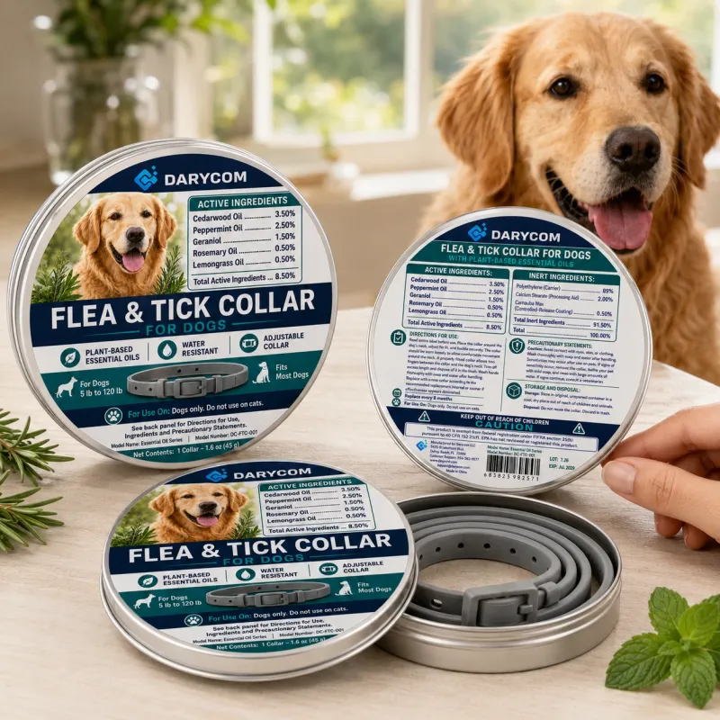 Darycom flea & tick collar for dogs, three-tin product shot with a golden retriever