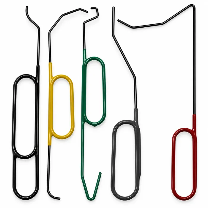 A 5-piece ignition removal tool set for GM and Honda vehicles — 4 HU100 tools and 1 Honda tool, color-coded in black, yellow, green, gray, and red