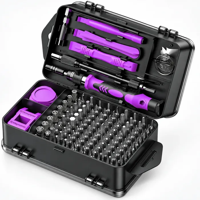 A 115-piece precision screwdriver set with a rotatable handle, extension rod, and rows of magnetic bits in a labeled case