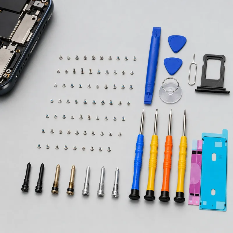 A phone repair kit with screws, pry tools, spudgers, precision screwdrivers, a SIM eject tool, and adhesive strips
