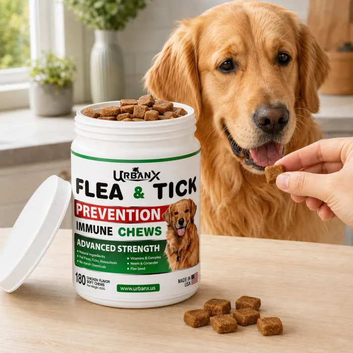 UrbanX flea & tick prevention immune chews with a golden retriever